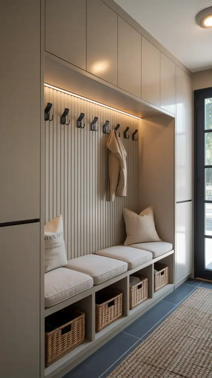 Modern mudroom with slim cream bench cushions, black wall hooks, sleek cabinetry, hidden storage, and clean minimalist styling with warm neutral tones