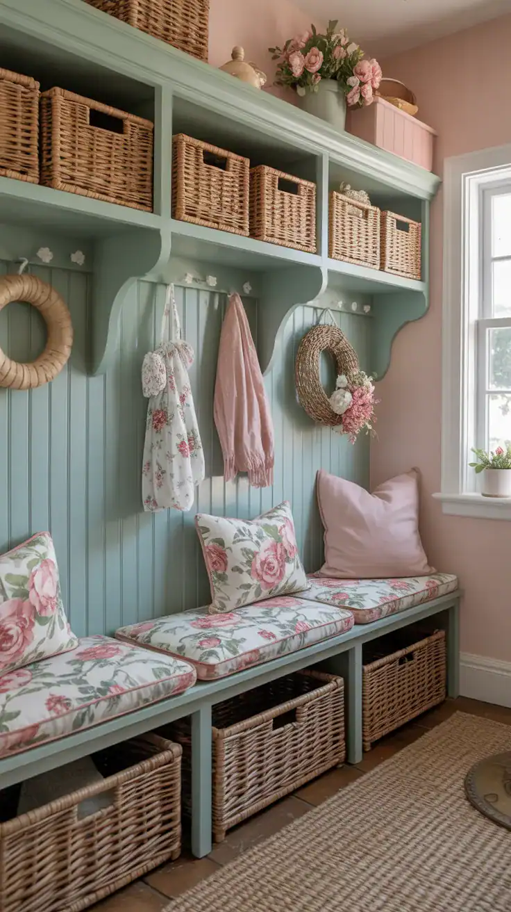 Pretty cottage style mudroom with floral bench cushions, painted wooden bench, soft pastel tones, woven baskets, and vintage inspired decor details