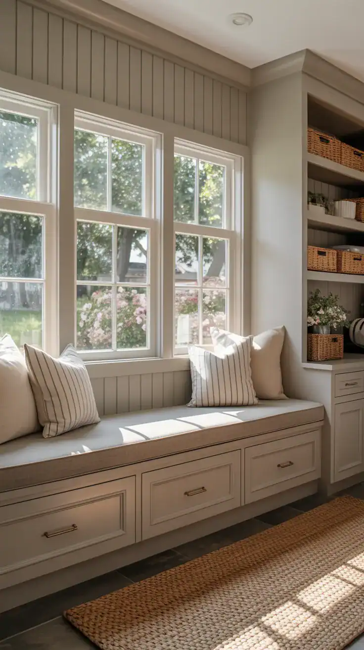 Large mudroom with a cozy window seat style bench cushion, paneled walls, layered neutral pillows, built in cabinetry, and soft natural daylight
