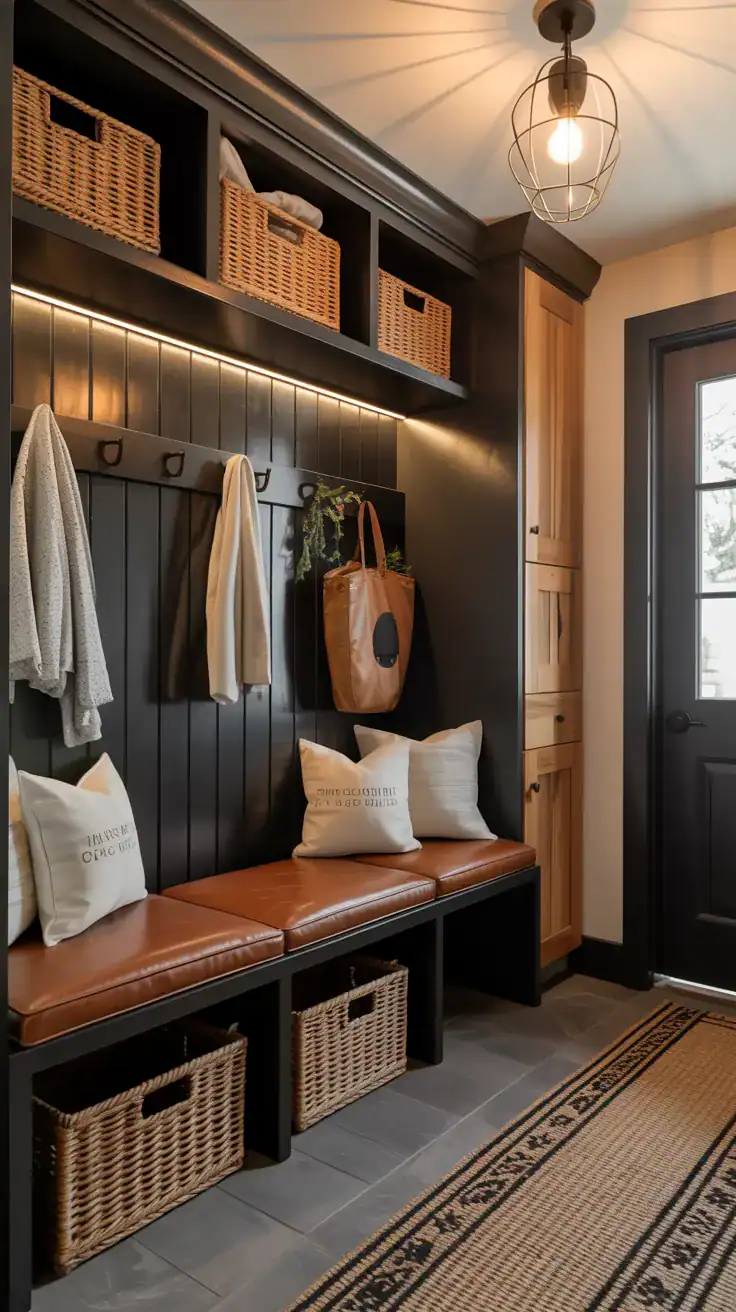 Sophisticated mudroom with cognac leather bench cushions, black accents, natural wood cabinetry, warm lighting, and clean modern rustic styling