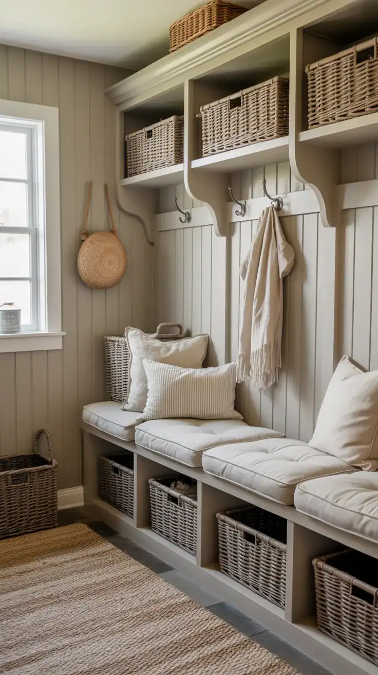 Relaxed cottage mudroom with oversized rounded bench cushions, textured linen fabric, woven storage baskets, soft neutral palette, and cozy welcoming styling