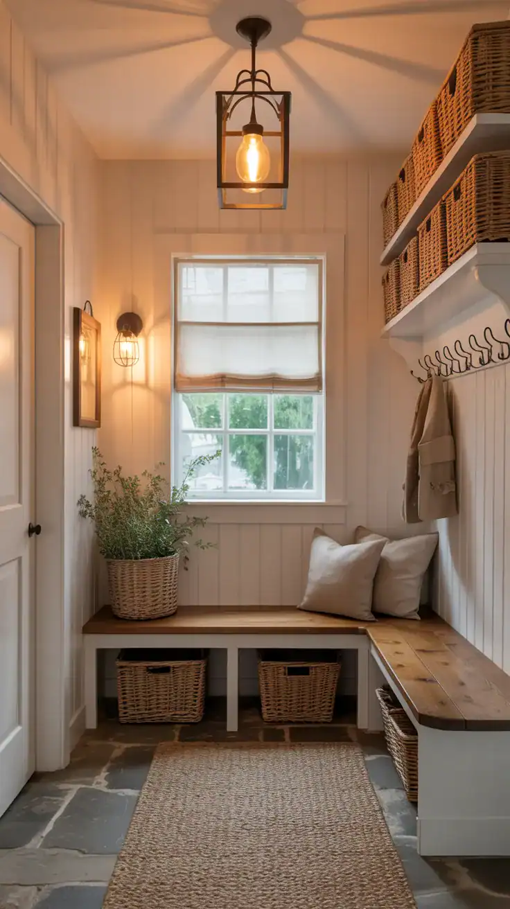 Warm cottage style mudroom with a small black lantern pendant light, wooden bench seating, wall hooks, woven baskets, and soft welcoming lighting