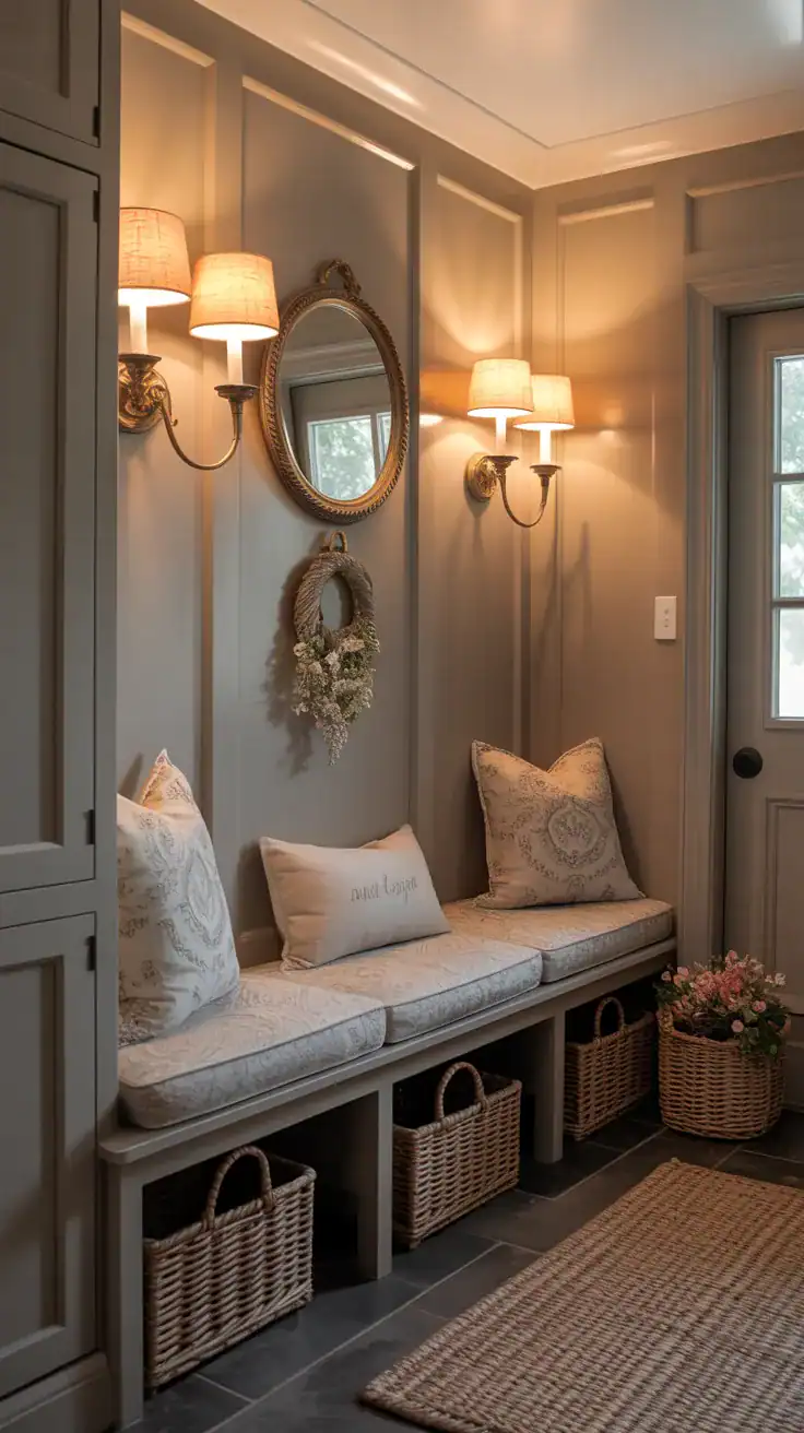 Cozy mudroom with built in bench seating illuminated by elegant wall sconces, soft neutral tones, paneled walls, and layered warm lighting