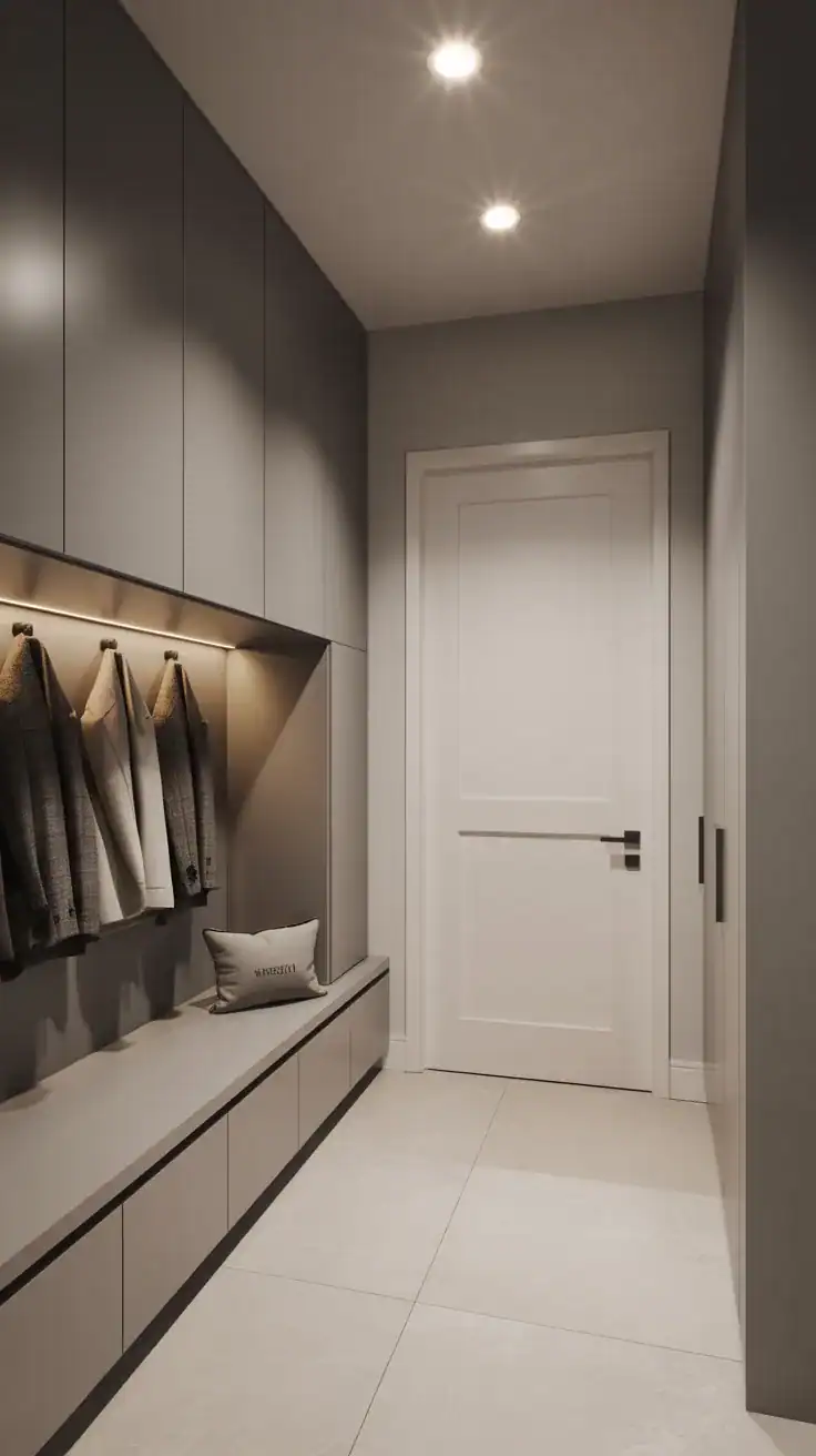 Minimal modern mudroom with recessed ceiling lighting, sleek cabinetry, neutral walls, hidden storage, and bright uncluttered styling