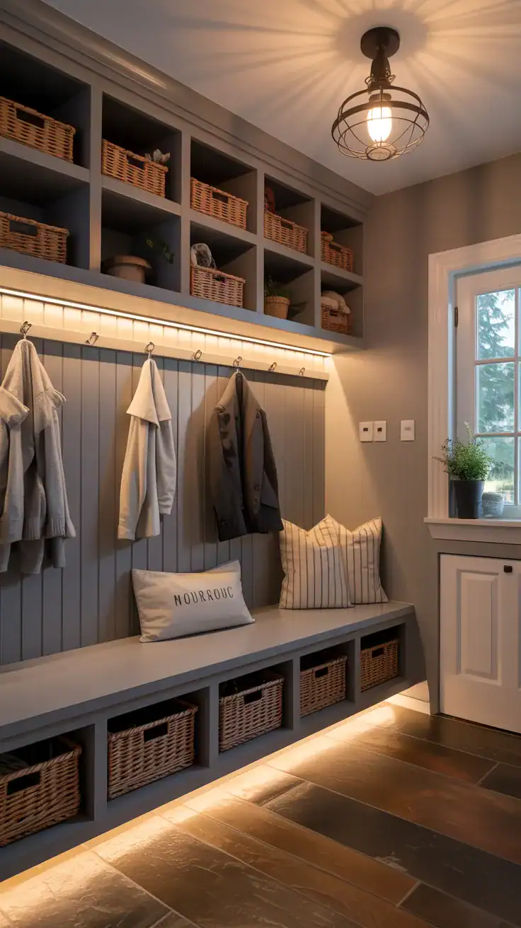 Custom mudroom with warm under cabinet lighting beneath floating benches and shelves, soft evening glow, and organized storage baskets
