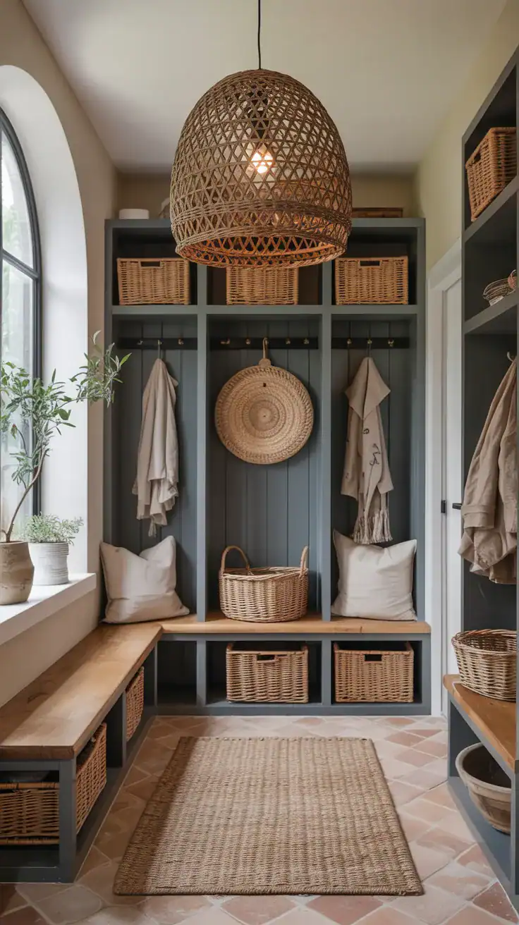 Relaxed mudroom with oversized woven pendant lighting, earthy tones, wicker baskets, wood benches, and soft natural textures throughout the space