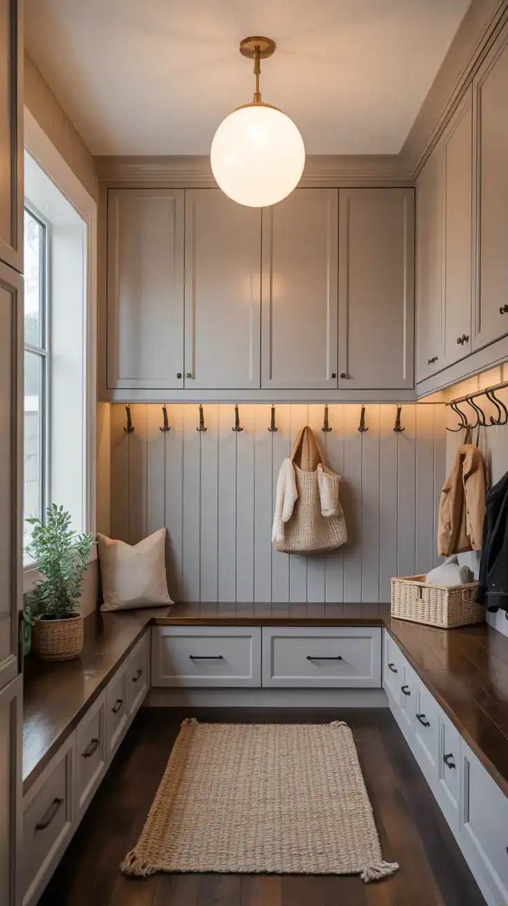 Elegant mudroom with brass glass globe lighting, clean cabinetry, black hooks, warm neutral decor, and timeless transitional styling