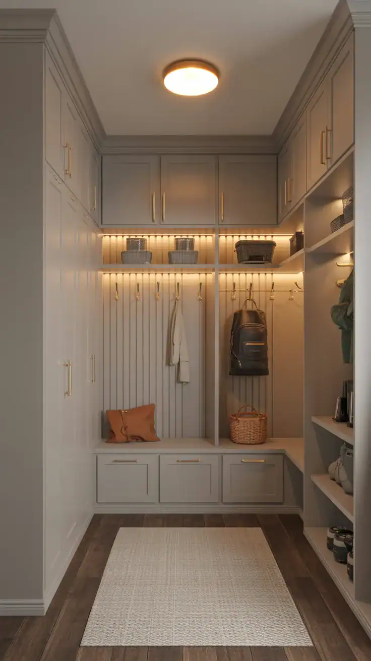 Luxury inspired mudroom with softly illuminated cabinets and lockers, warm LED lighting, organized storage, and calming neutral styling