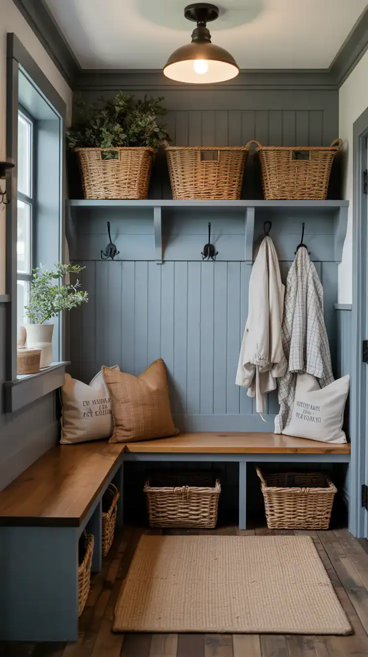 Farmhouse mudroom with vintage schoolhouse lighting, paneled walls, wooden bench seating, matte black hooks, and timeless cozy styling