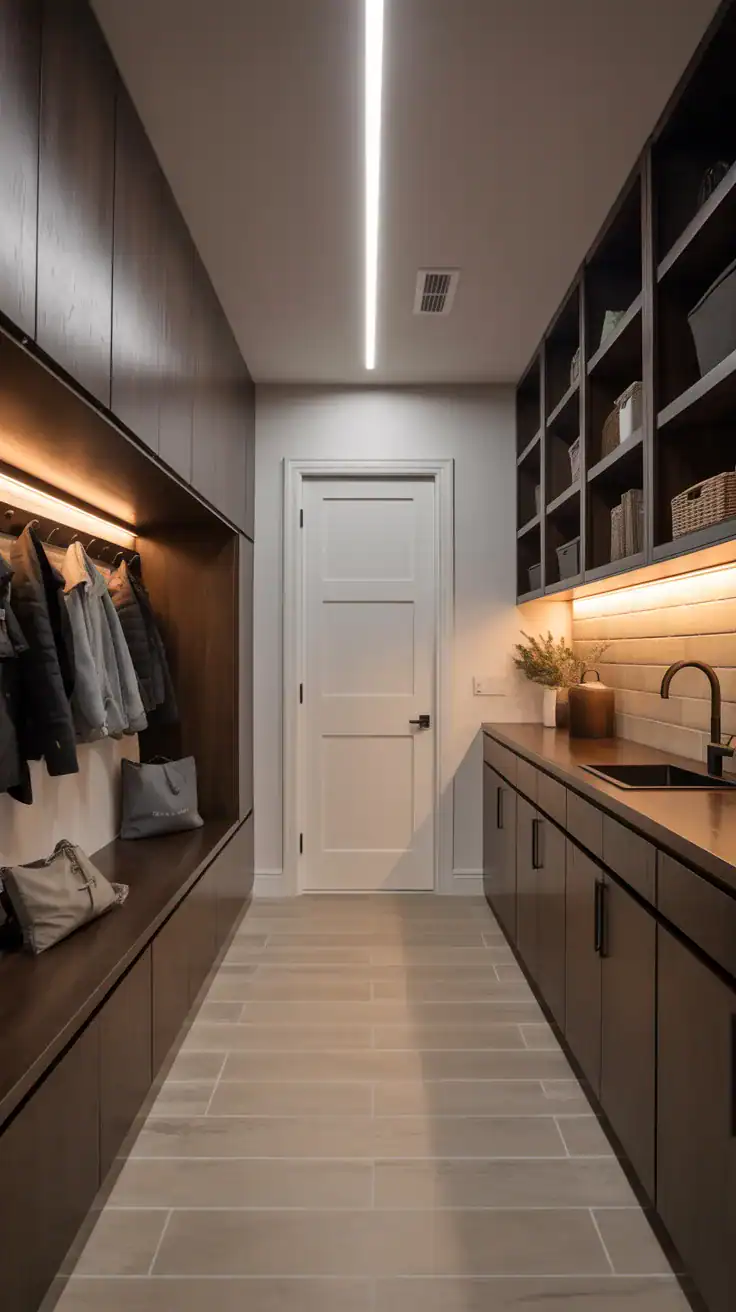 Long narrow mudroom with slim linear ceiling lighting, modern cabinetry, evenly distributed warm lighting, and clean minimalist styling