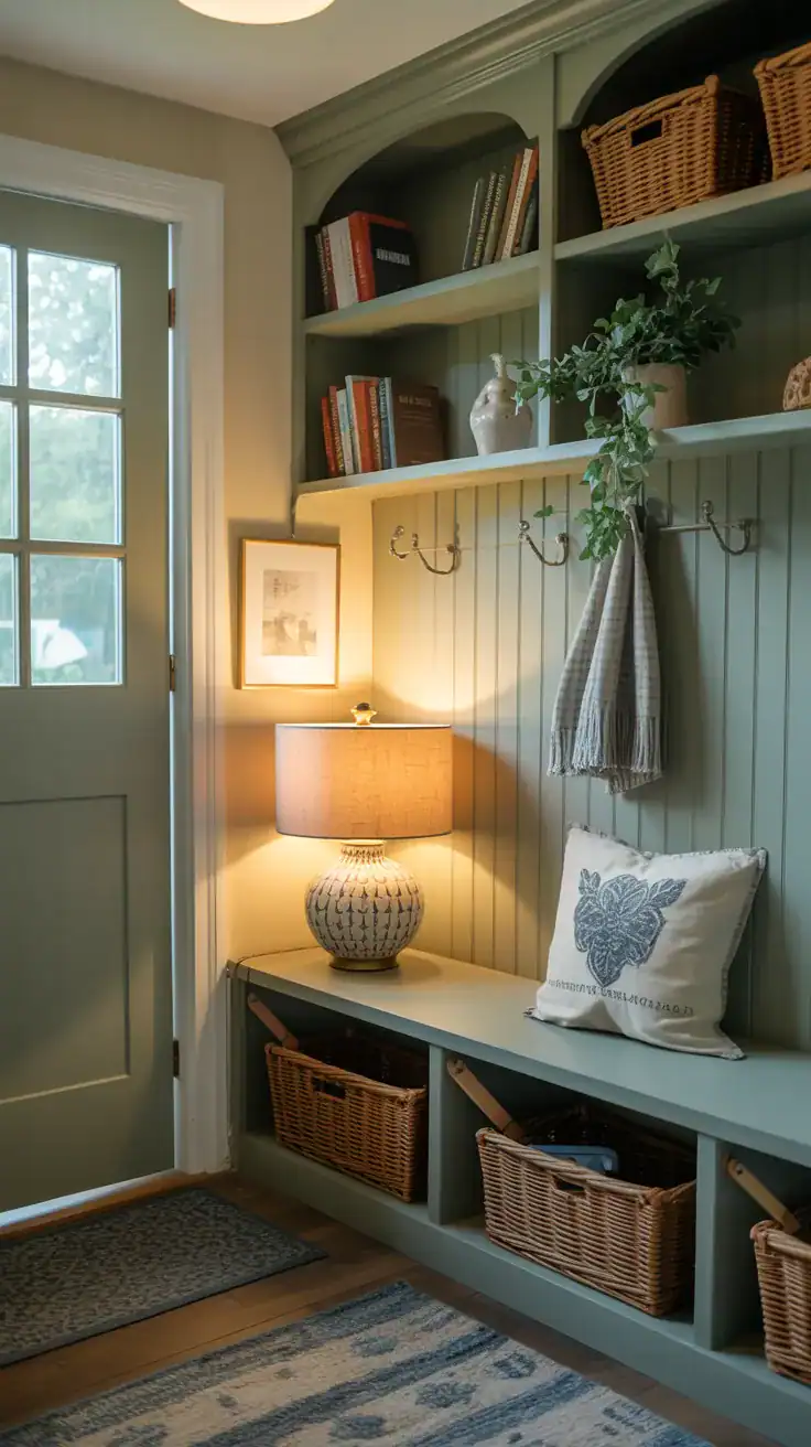Charming cottage mudroom with a small ceramic table lamp on built in shelving, books, greenery, warm lighting, and cozy welcoming decor