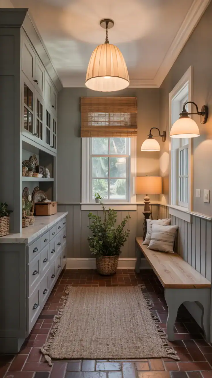 Beautifully layered mudroom lighting with ceiling pendants, wall sconces, cabinet lighting, and soft accent lamps creating a warm inviting atmosphere