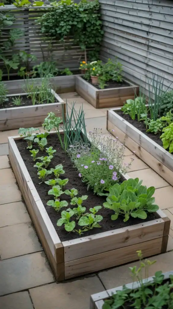 Slim wooden raised garden beds positioned along the perimeter of a small patio filled with vegetables, herbs, and flowers creating a productive potager garden border Slim wooden raised garden beds positioned along the perimeter of a small patio filled with vegetables, herbs, and flowers creating a productive potager garden border