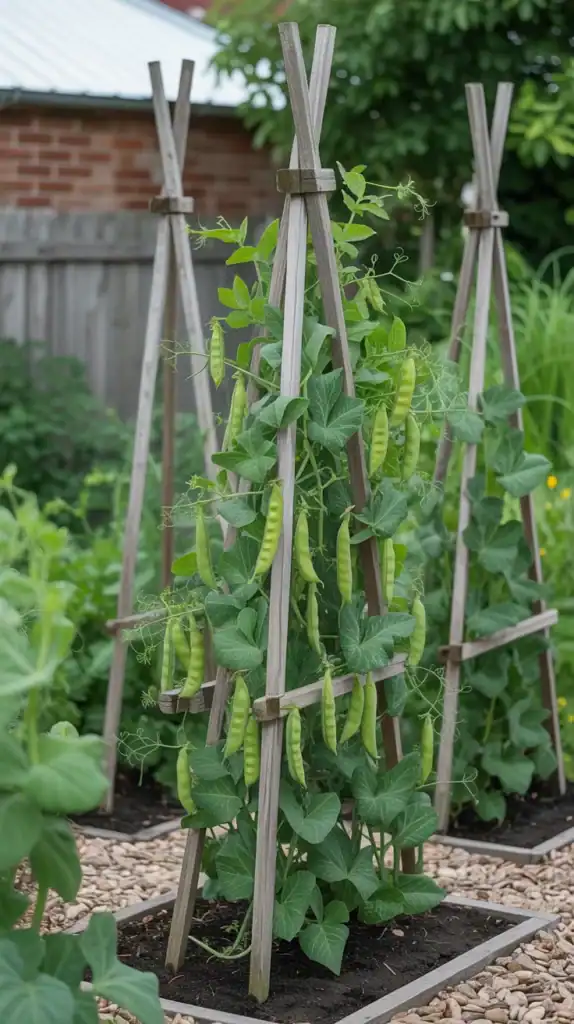 Climbing beans and peas growing vertically on rustic wooden trellises and obelisks in a small patio potager garden maximizing vertical growing space