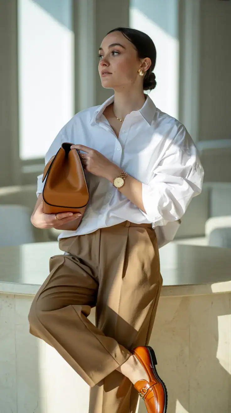 Old money brunch outfit with oversized white oxford shirt, camel tailored trousers, leather loafers, structured handbag, and understated elegant styling