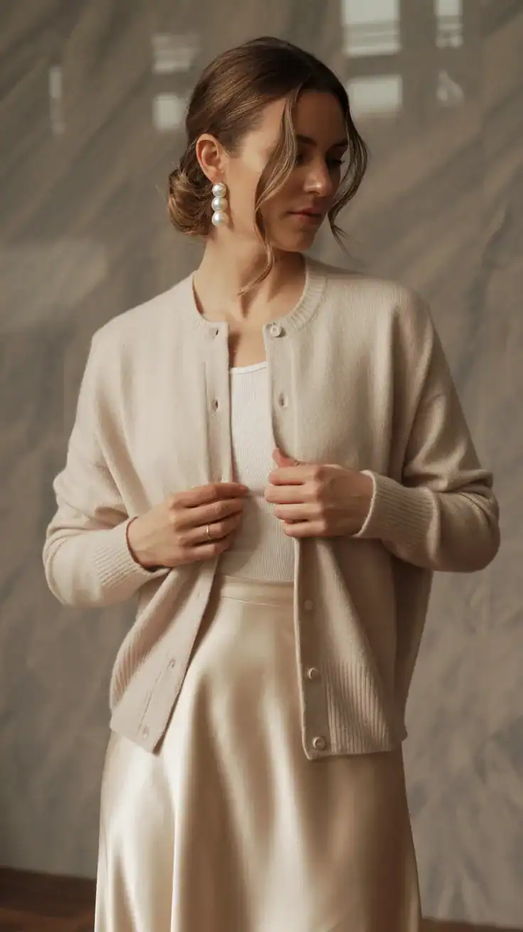 Elegant old money brunch outfit with cream cashmere cardigan set, silk midi skirt, pearl earrings, and soft feminine styling