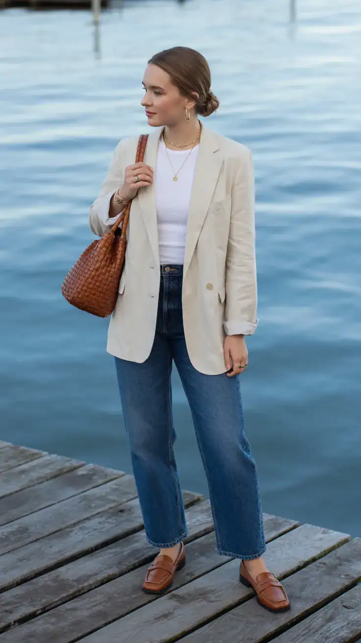Coastal old money brunch outfit with linen blazer, straight leg jeans, woven leather bag, loafers, and relaxed polished styling