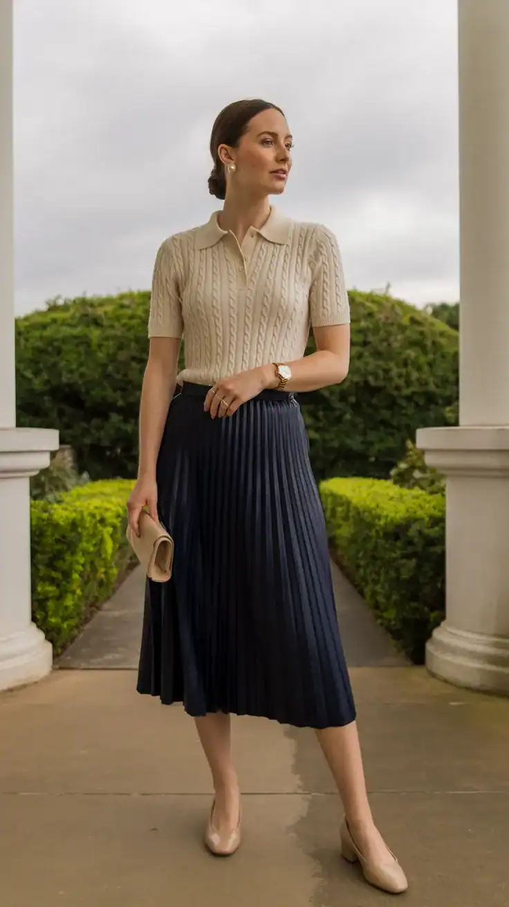 Preppy old money brunch outfit with knit polo shirt, pleated midi skirt, ballet flats, and timeless country club inspired styling