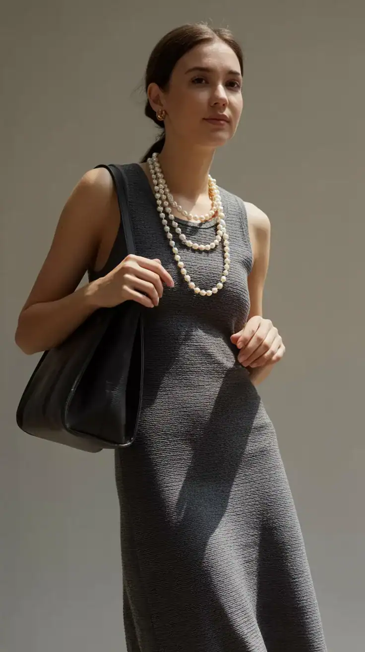 Elegant monochrome old money outfit with knit midi dress, structured shoulder bag, pearl jewelry, and soft tonal styling