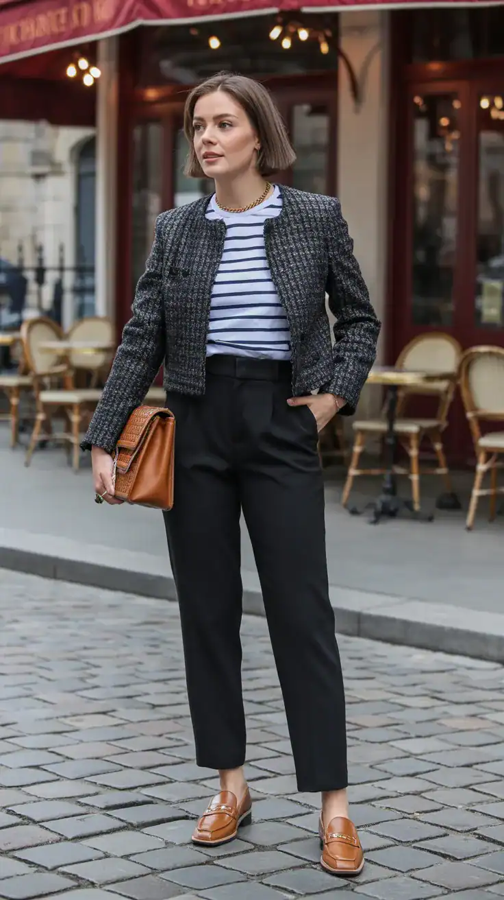 Parisian old money brunch outfit with cropped tweed jacket, Breton striped tee, cigarette trousers, and elegant understated accessories