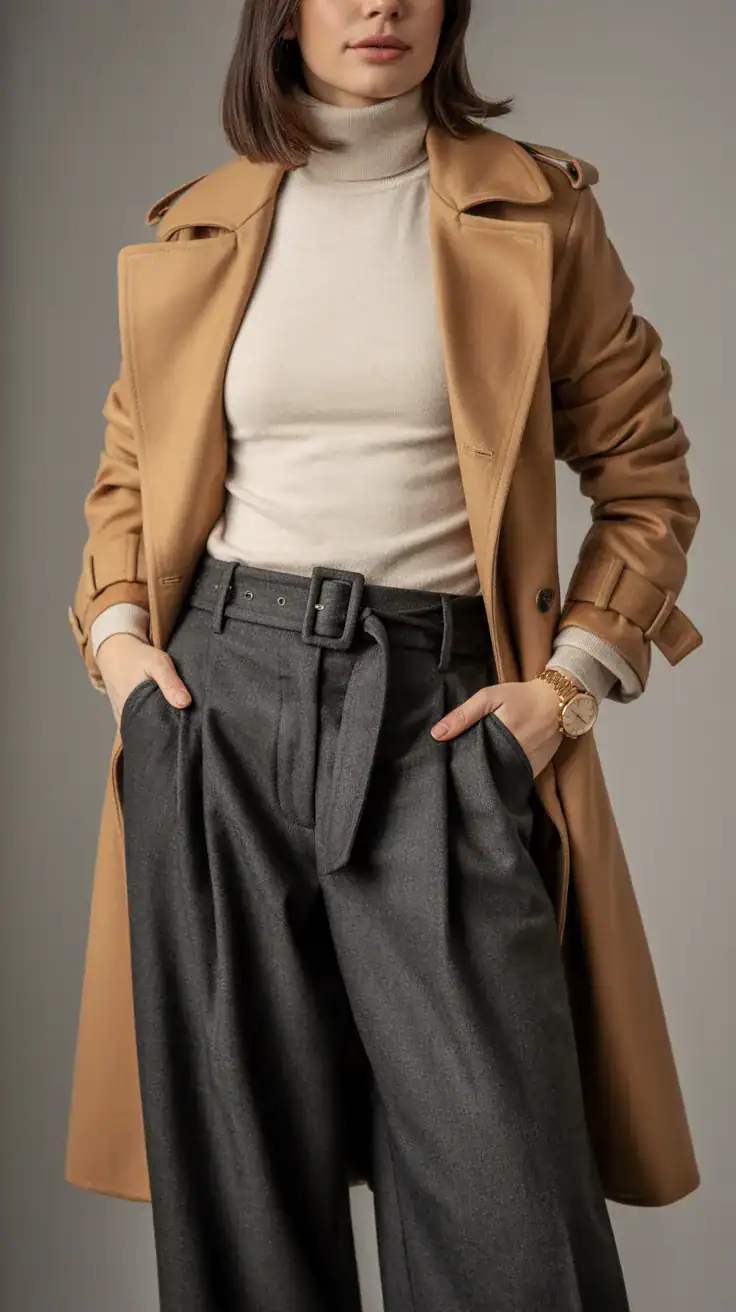 Elegant old money outfit with camel trench coat, wide leg trousers, fitted knitwear, and timeless relaxed tailoring