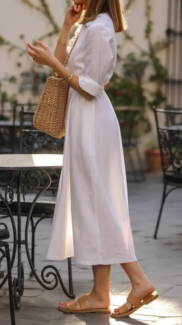 Effortless old money summer brunch outfit with white linen midi dress, leather sandals, woven handbag, and elegant neutral accessories