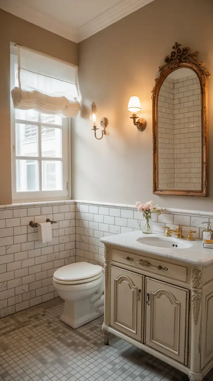 Elegant French bathroom with cream marble subway tiles, antique brass fixtures, warm neutral walls, and soft layered lighting