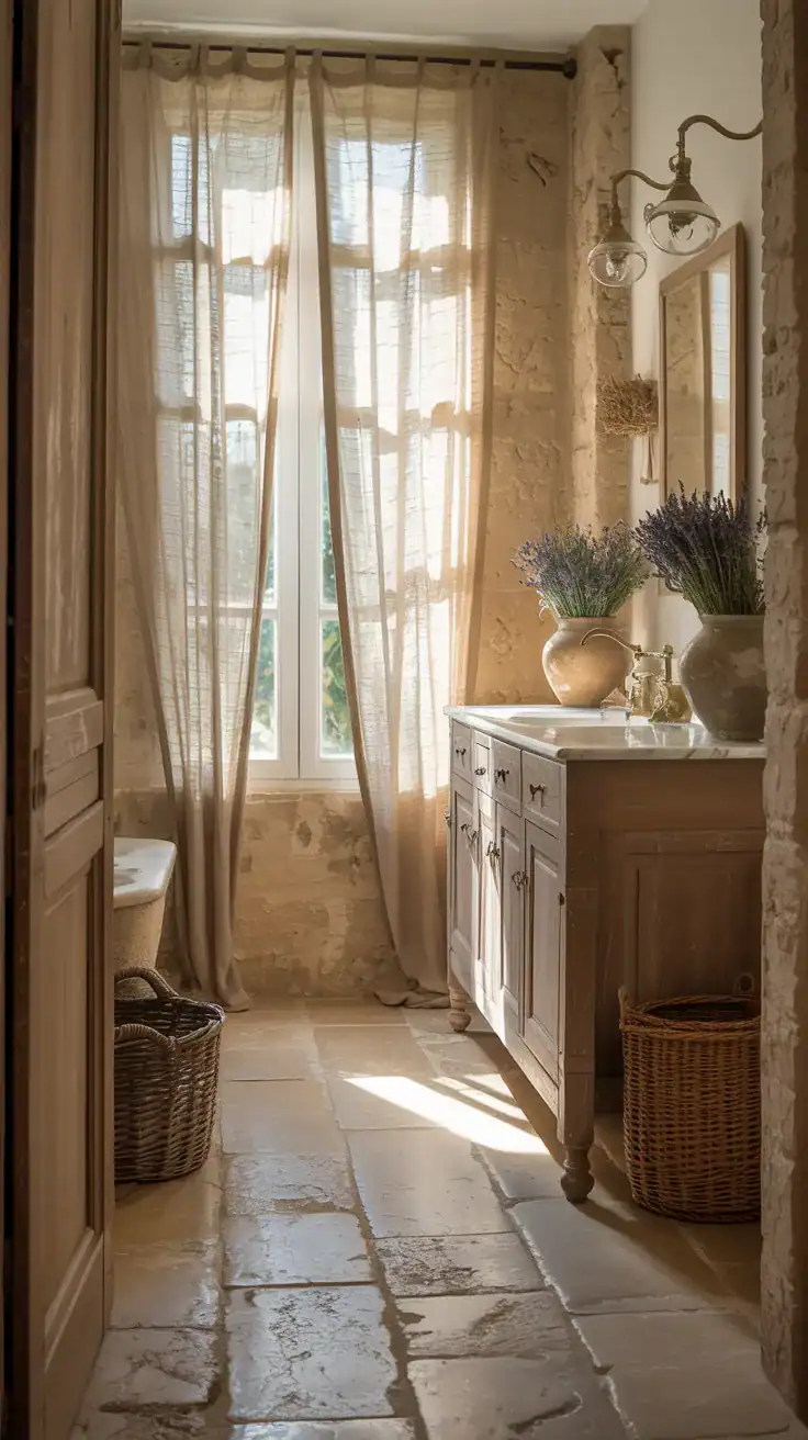 French country bathroom with beige limestone floor tiles, oak vanity, linen curtains, and warm rustic elegance