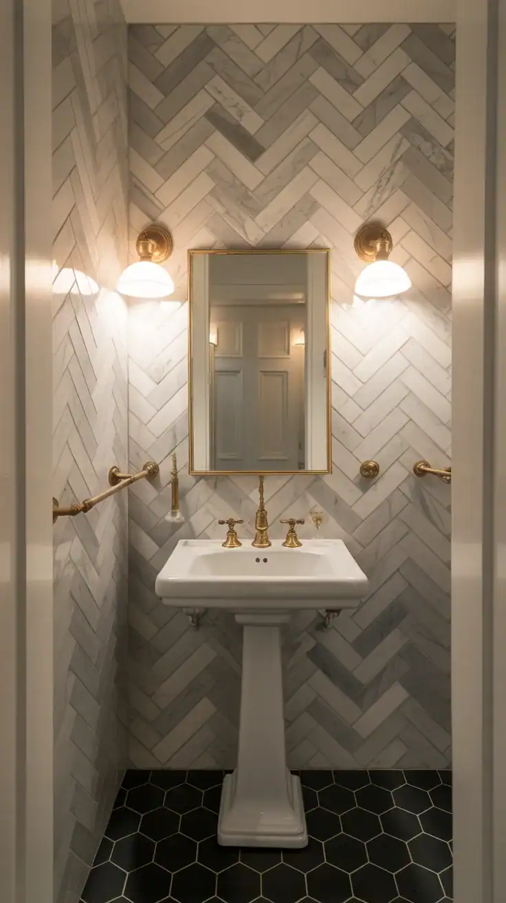 Sophisticated French bathroom with herringbone marble tile walls, brass sconces, and understated Parisian inspired styling