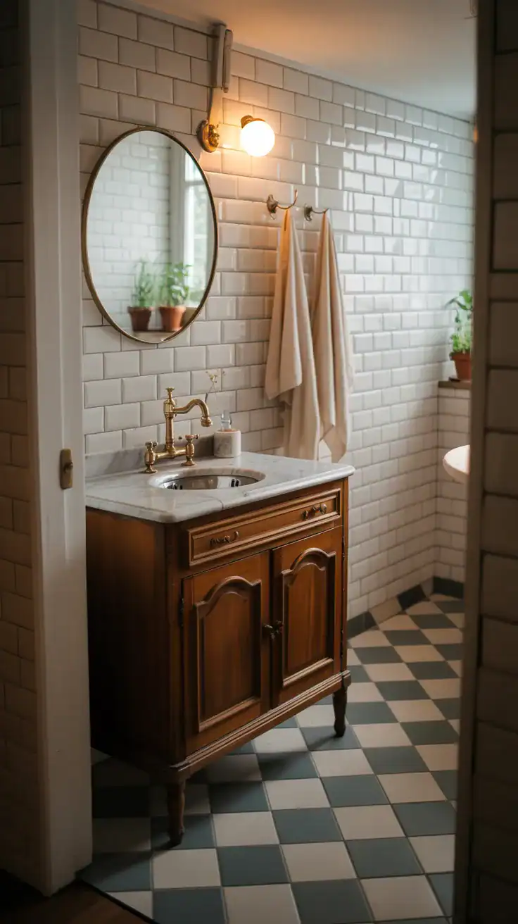 Parisian inspired bathroom with soft checkerboard stone flooring, vintage vanity, warm lighting, and elegant neutral styling