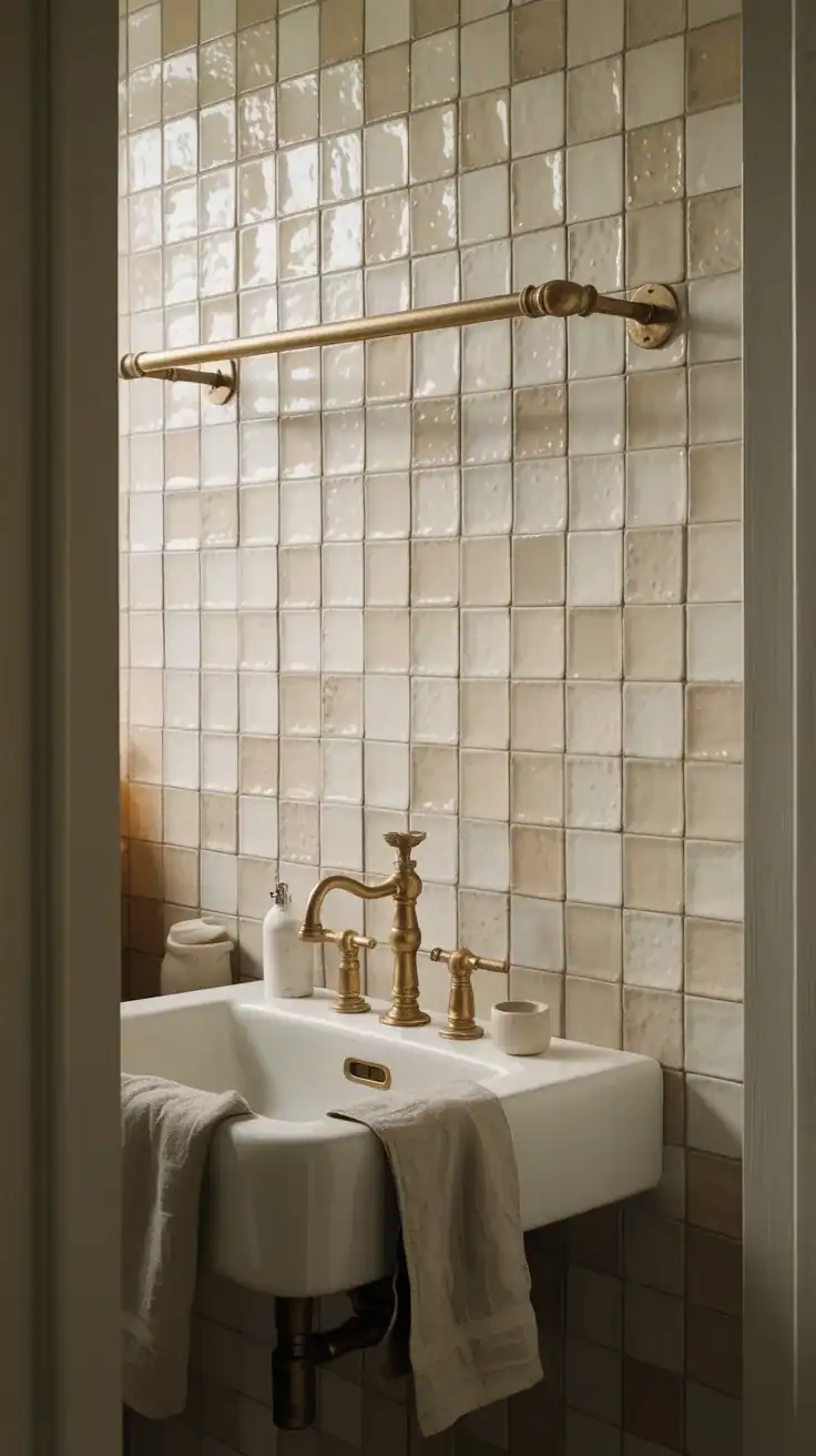 French bathroom with handmade zellige tiles in warm white tones, aged brass fixtures, and relaxed European inspired styling