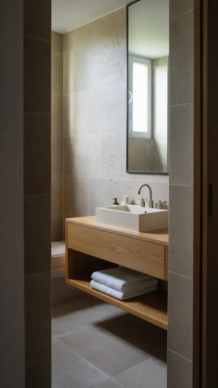 Modern French bathroom with large format neutral stone tiles, floating oak vanity, and calm spa inspired atmosphere
