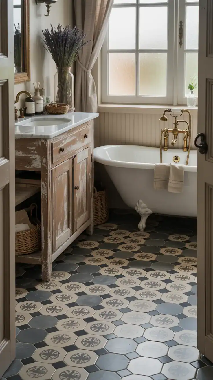 French country bathroom with muted encaustic floor tiles, antique brass accents, soft neutral decor, and old world charm
