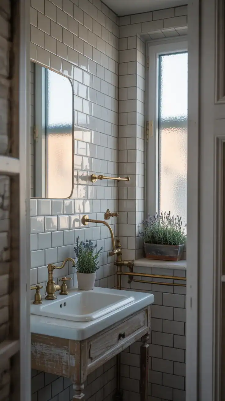 Elegant French bathroom with warm white tiles, soft gray grout, brass fixtures, wood accents, and understated timeless styling