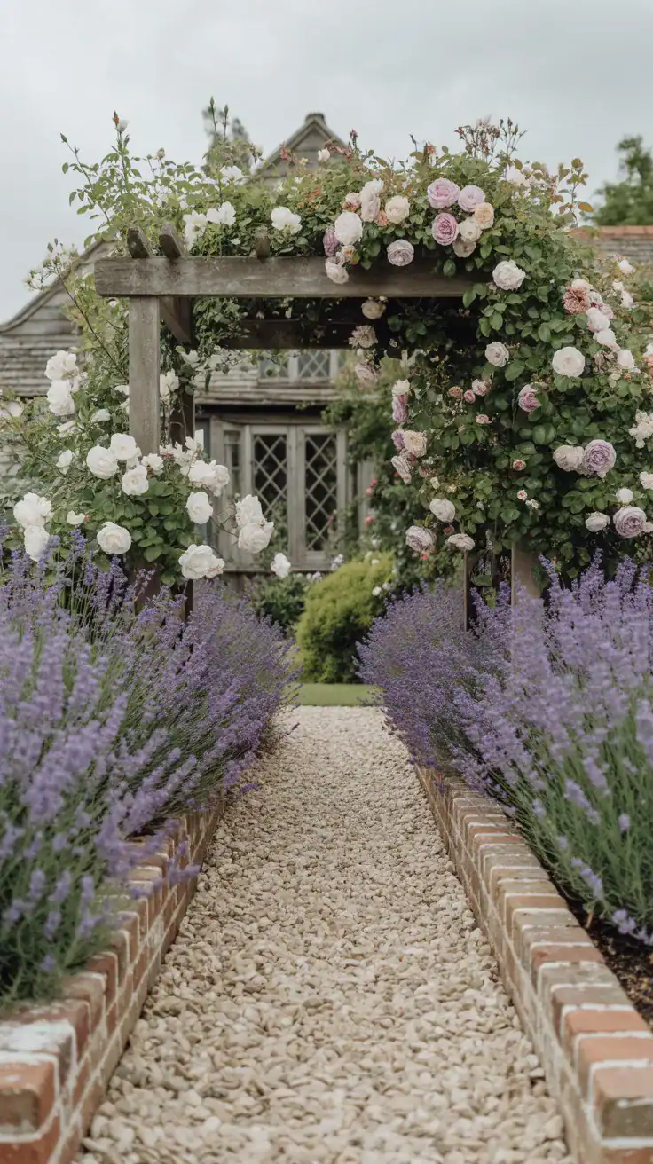 English cottage garden pathway with pale gravel, reclaimed brick edging, lavender borders, and climbing roses in a romantic countryside garden