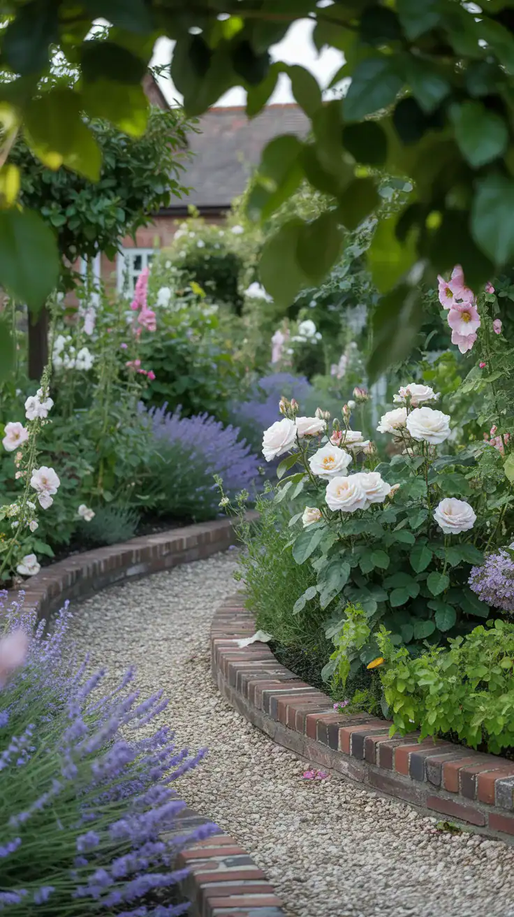 Cottage garden gravel pathway lined with overflowing lavender, reclaimed brick edging, and soft purple blooms
