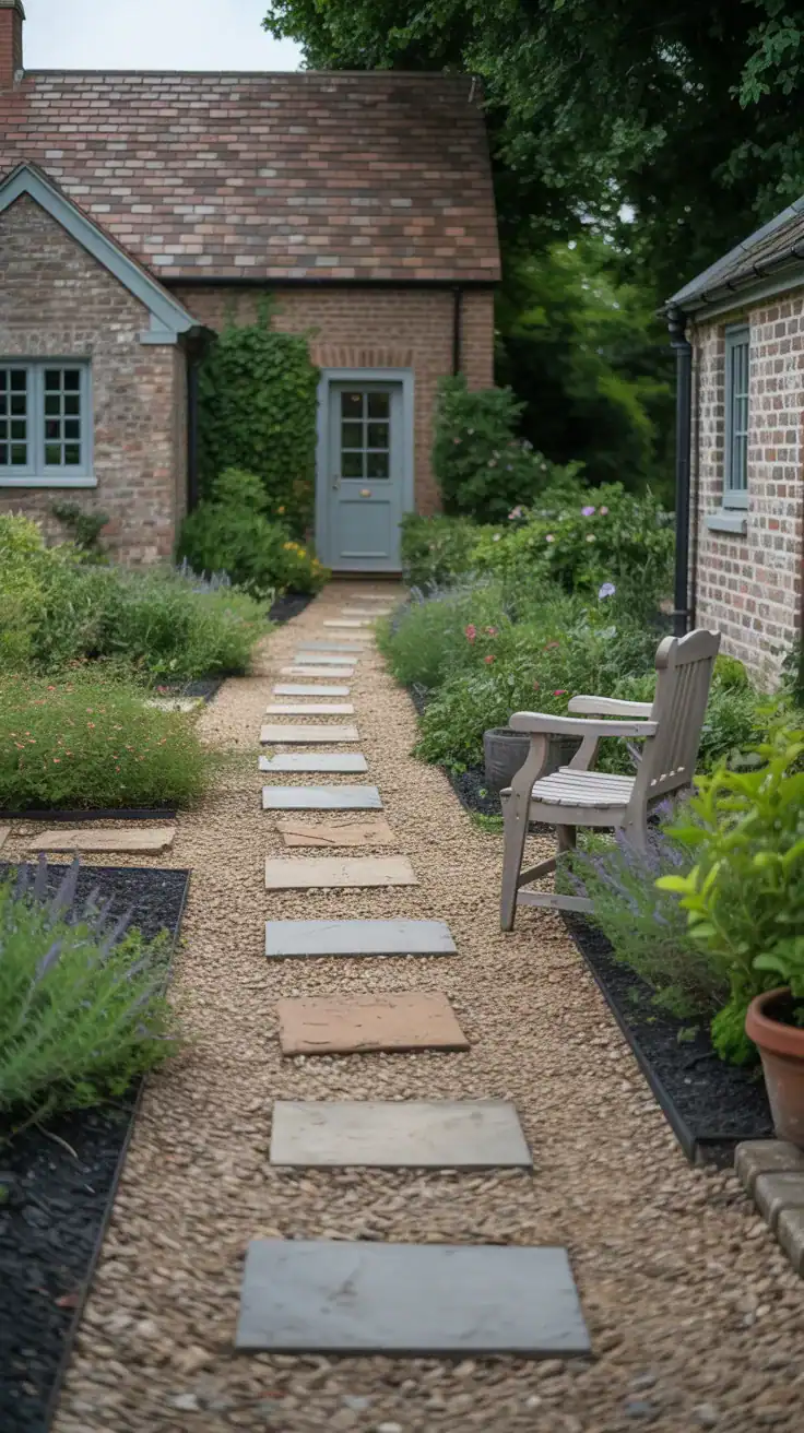 English cottage pathway with gravel and scattered reclaimed brick pavers surrounded by relaxed cottage planting