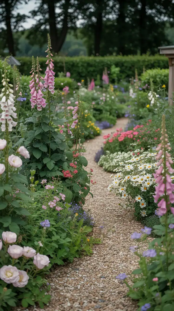 Romantic cottage garden pathway lined with foxgloves, roses, daisies, gravel walkways, and layered flower borders