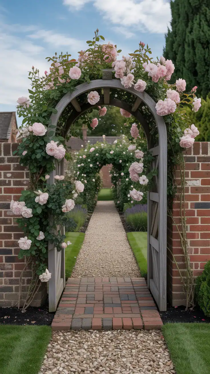 English cottage garden archway covered in climbing roses over a gravel and brick pathway with romantic countryside styling