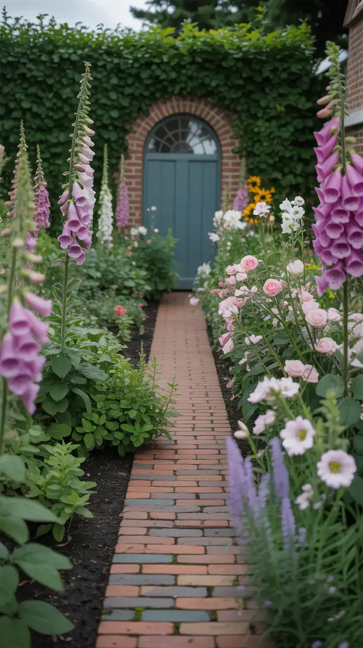 Narrow brick cottage garden pathway surrounded by dense foxgloves, roses, and lush layered flower planting