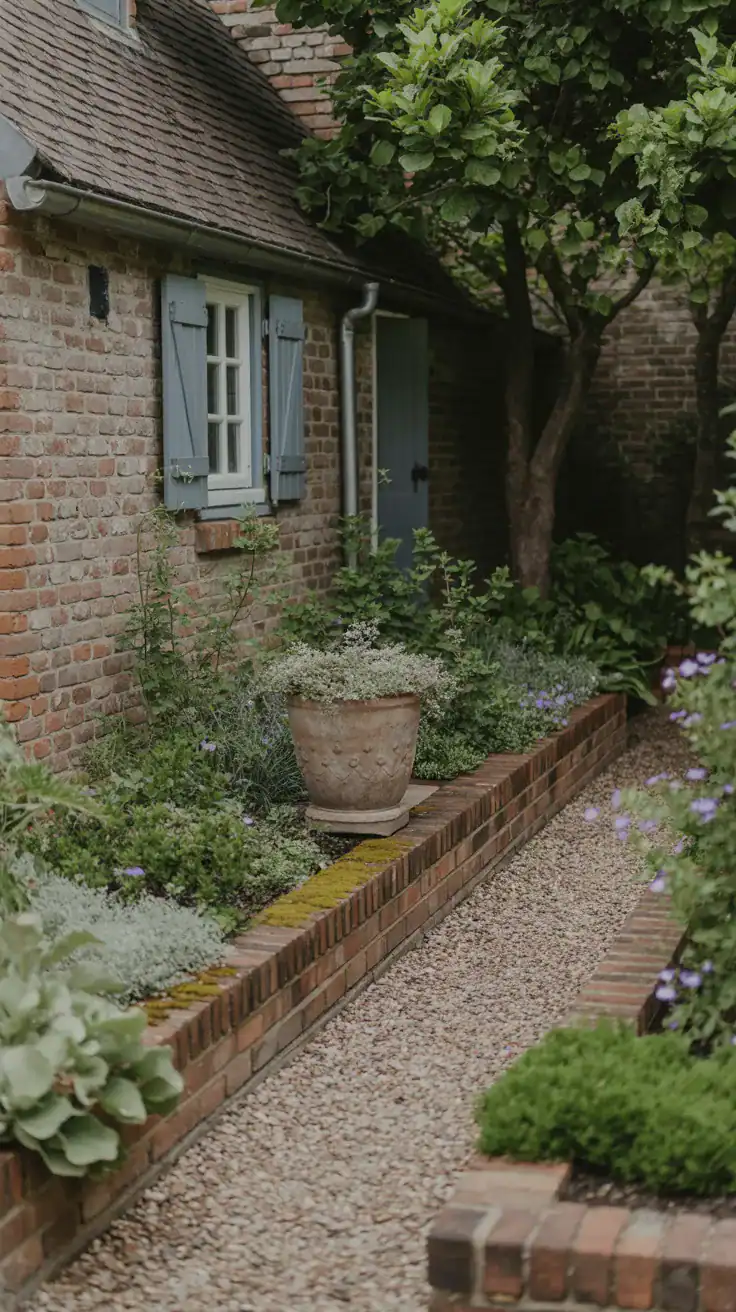 Weathered English cottage garden pathway with moss covered brick edging, gravel walkways, and mature romantic planting