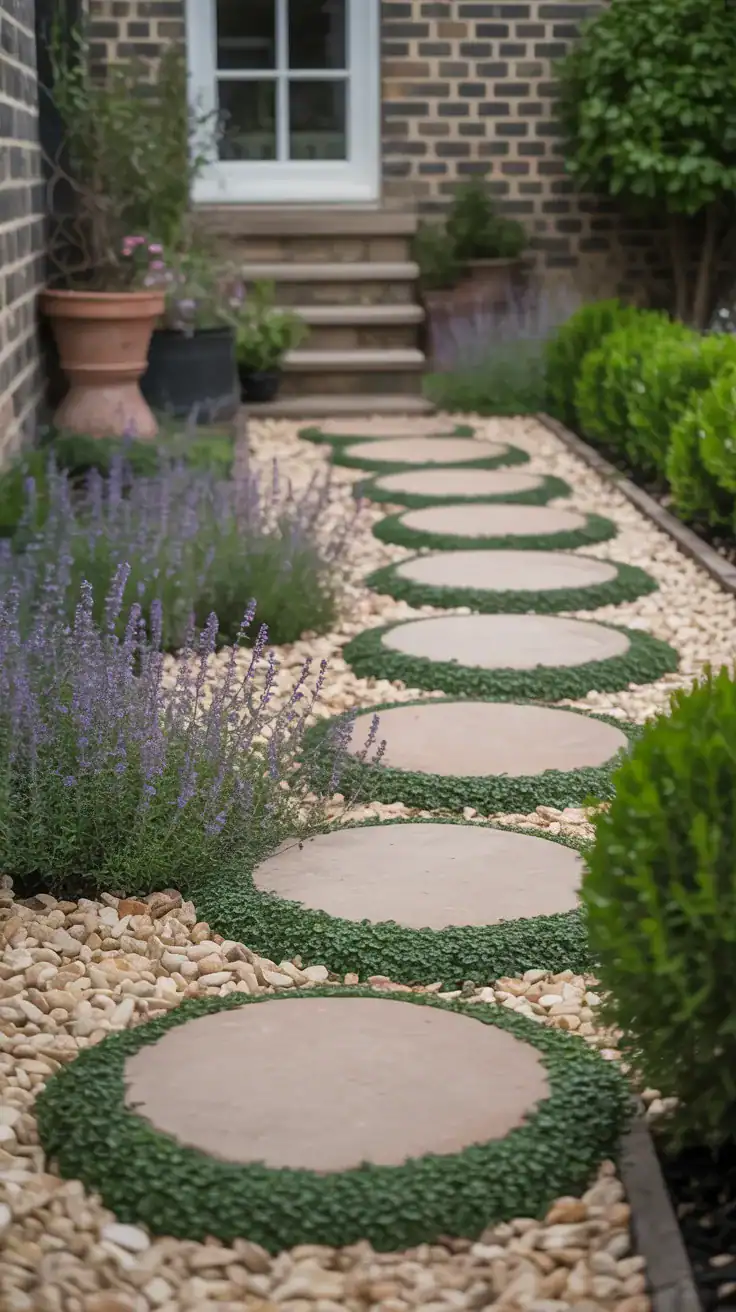Relaxed cottage garden pathway with stepping stones through pale gravel and creeping thyme growing between gaps