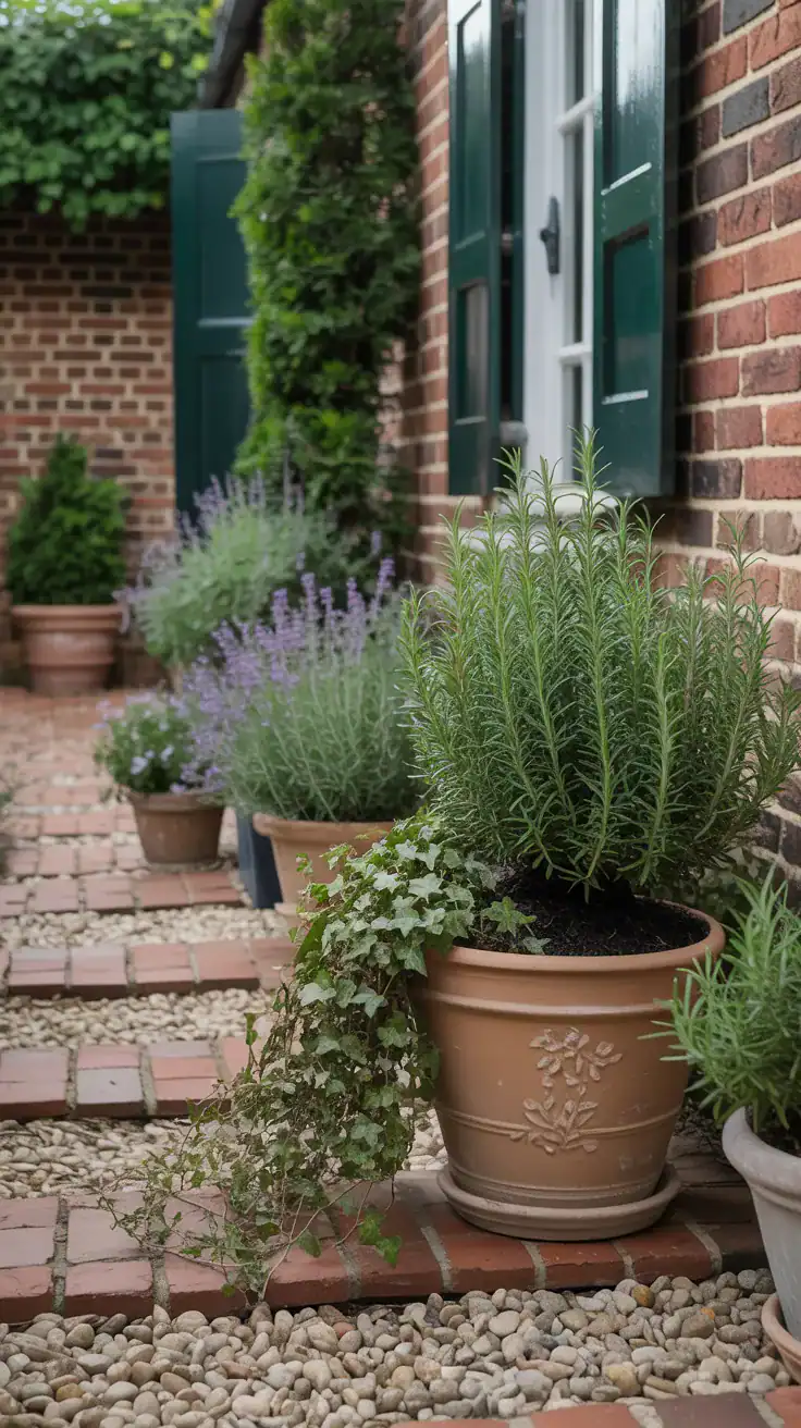 English cottage pathway with terracotta pots filled with rosemary, lavender, and trailing ivy beside gravel and brick walkways