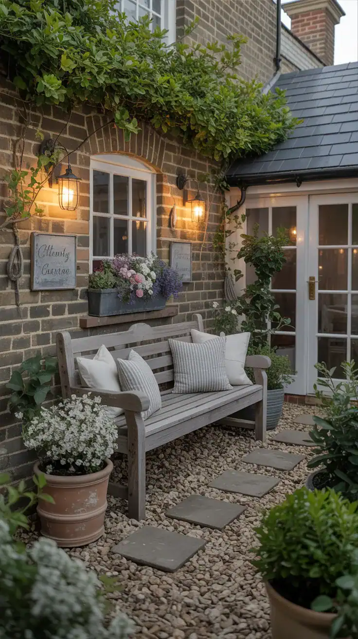 Cozy cottage garden courtyard with gravel seating area, rustic bench, climbing plants, lanterns, and relaxed English garden charm