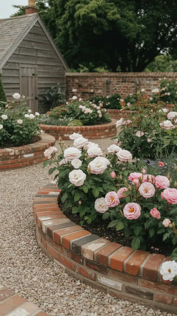 English cottage flower beds with reclaimed brick edging, gravel pathways, layered roses, and relaxed countryside garden styling