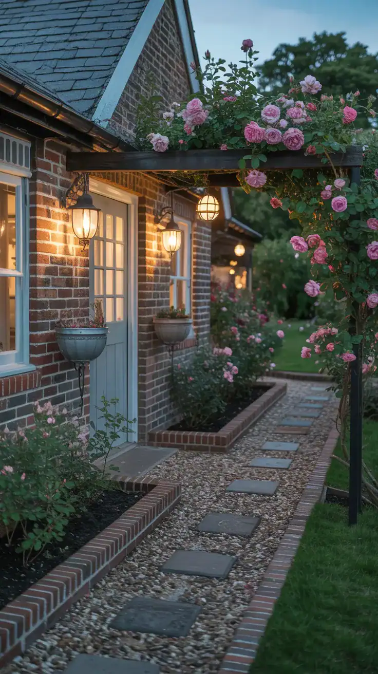 Romantic English cottage garden pathway at dusk with warm lantern lighting, gravel walkways, climbing roses, and brick edging