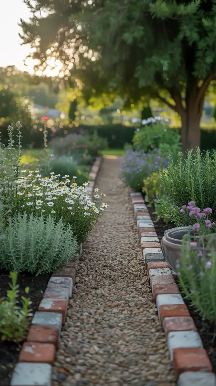 Cottage kitchen garden pathway lined with creeping thyme, chamomile, rosemary, gravel paths, and rustic brick edging
