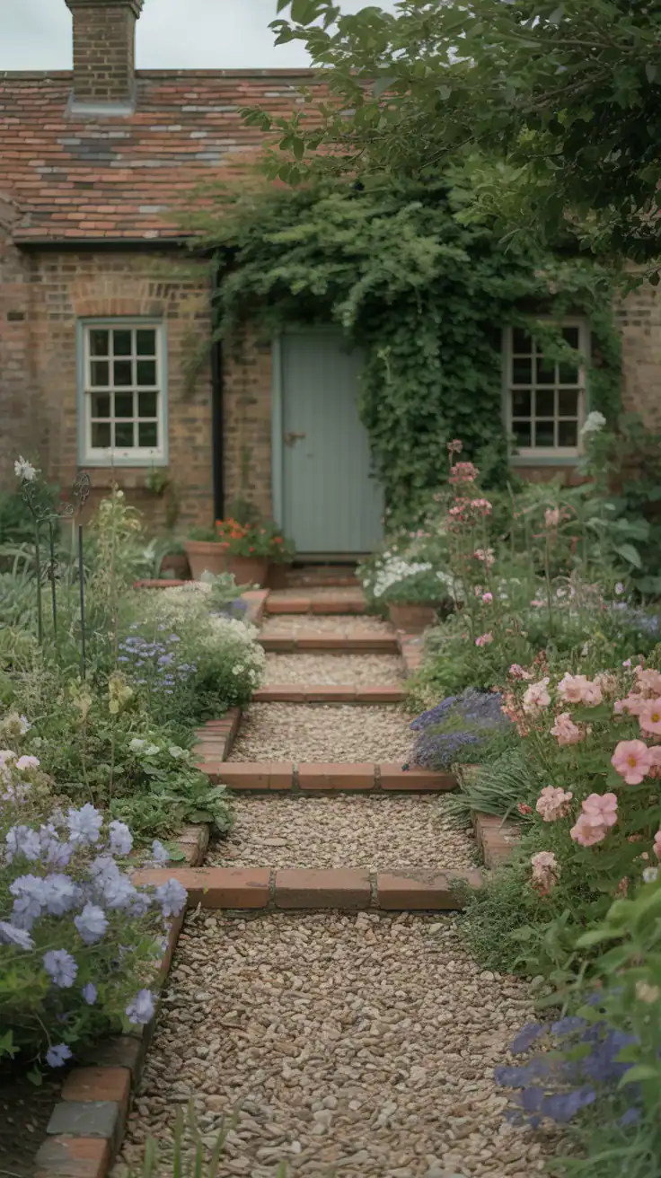 Relaxed English cottage garden pathway with weathered brick, soft gravel, overflowing flowers, and romantic imperfect countryside charm