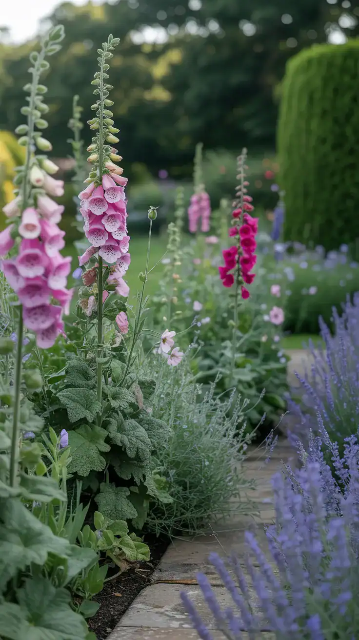 English cottage garden with layered foxgloves, hollyhocks, delphiniums, lavender borders, and soft curved flower beds