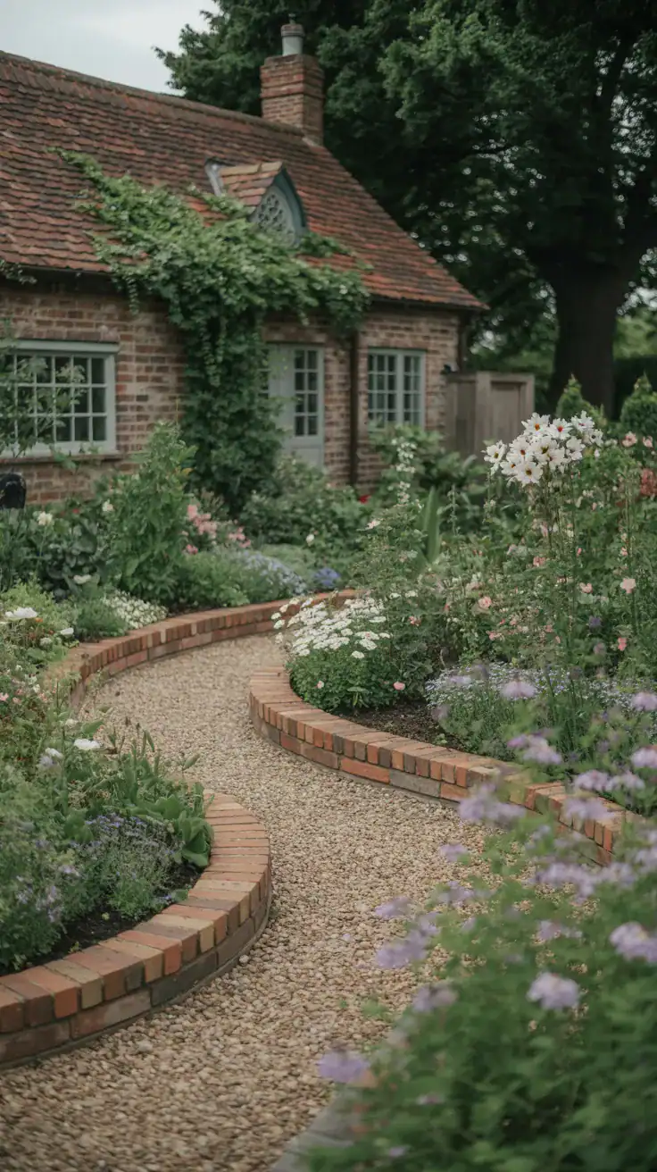 Romantic English cottage garden with curved gravel pathways, overflowing flowers, and reclaimed brick edging